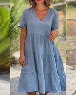 Cotton linen v-neck solid color dress