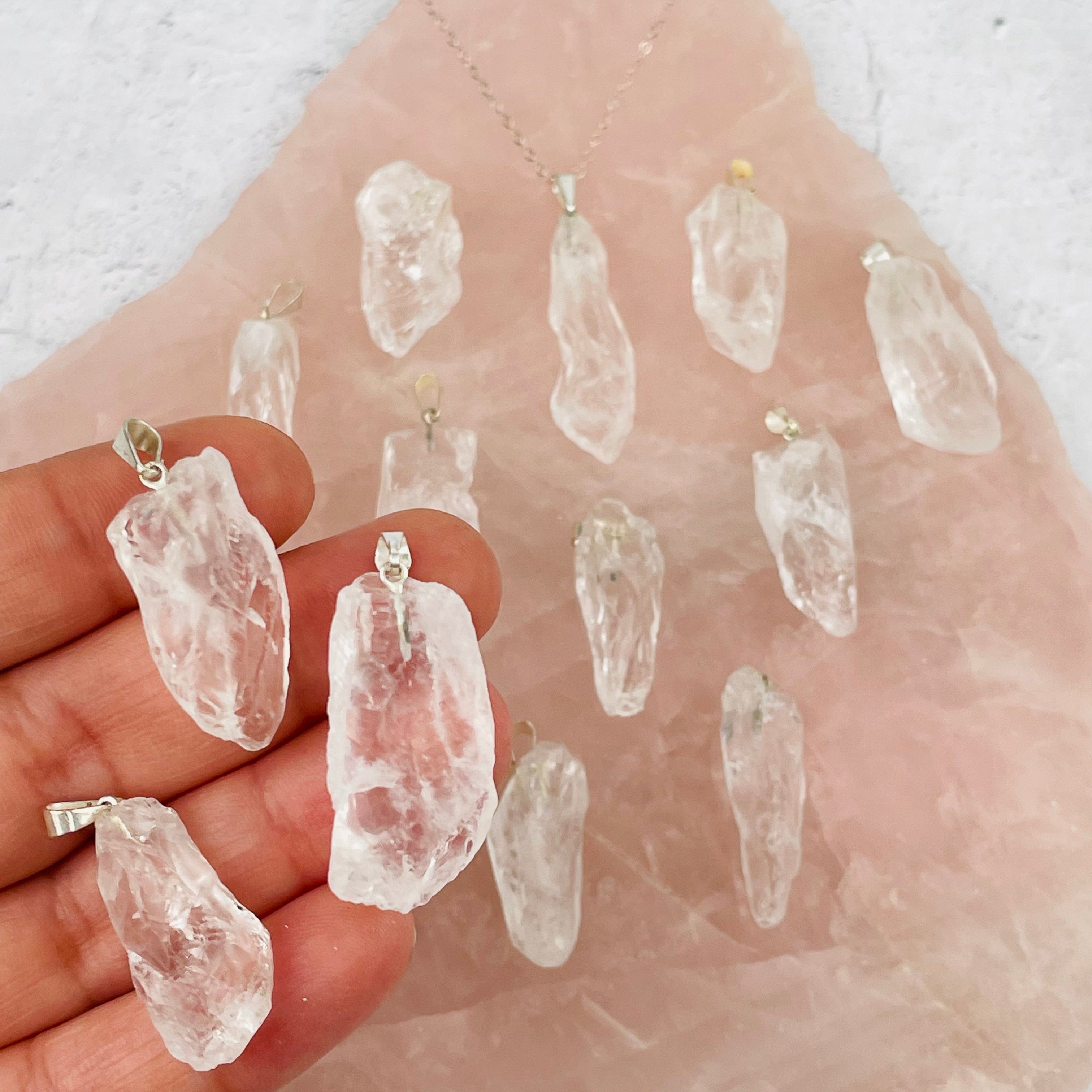 Crystal Quartz - Rough Stone Pendants with Silver Plated Bail