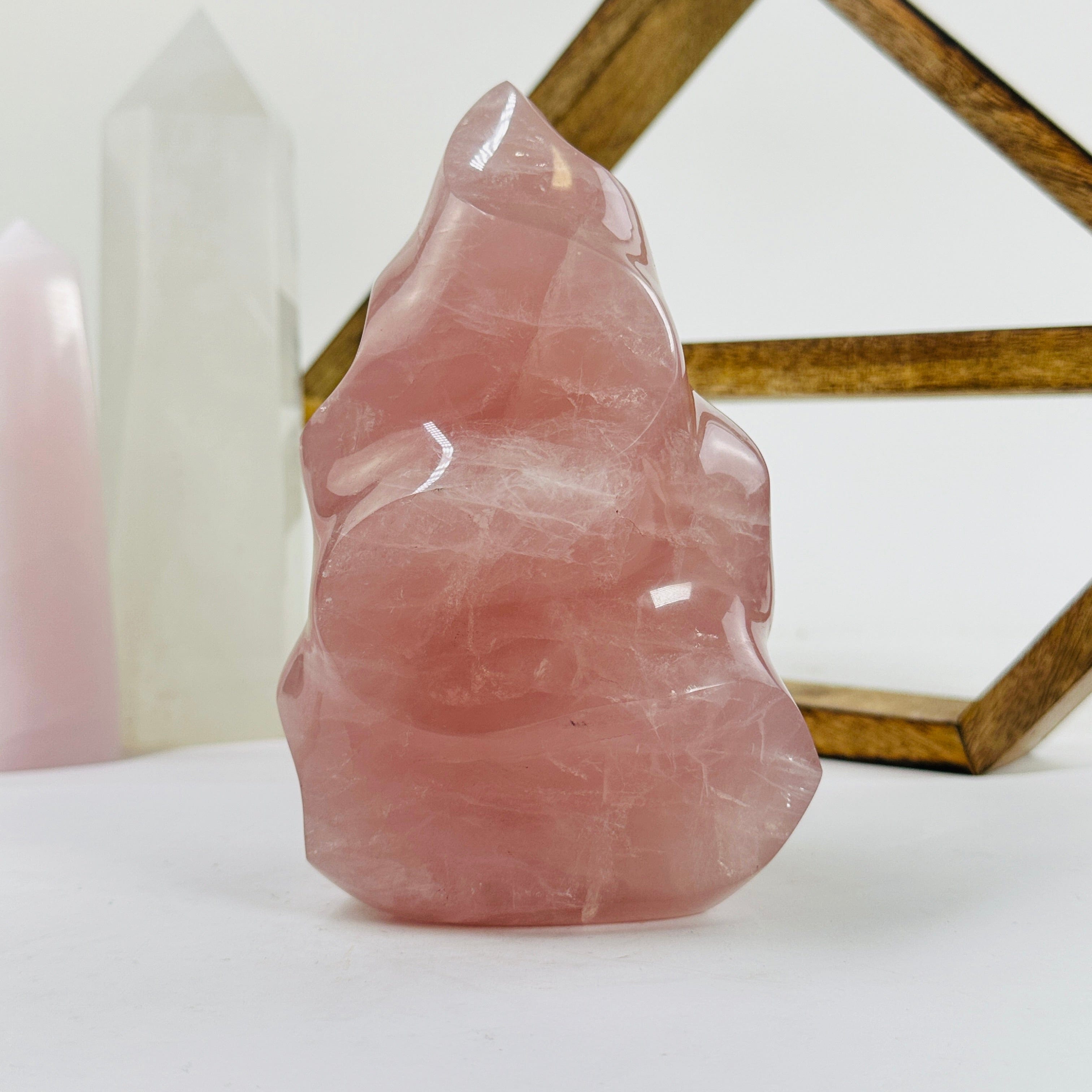 Rose Quartz Crystal Carved Stone Flame Tower OOAK