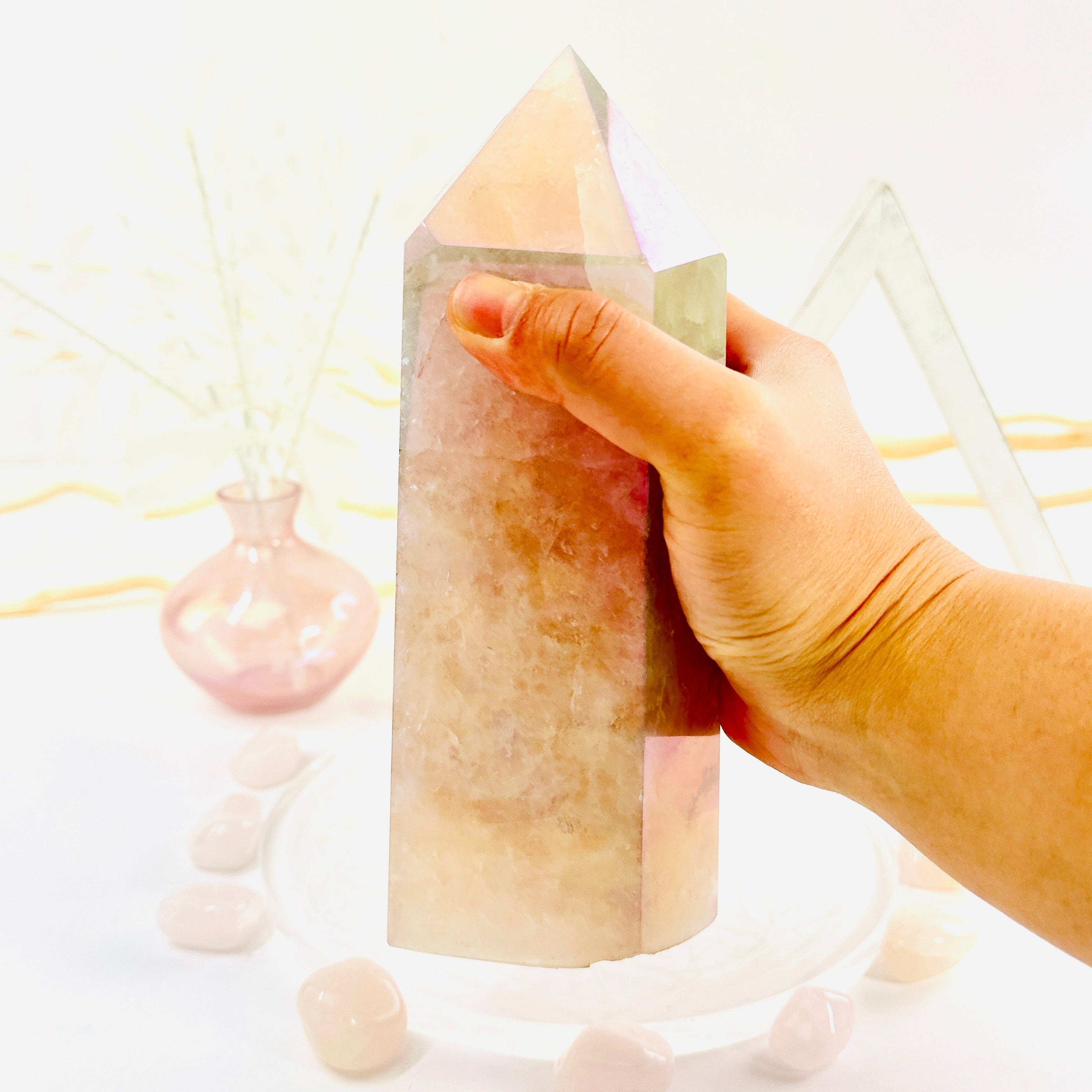 Angel Aura Rose Quartz Polished Point Crystal with Natural Inclusions