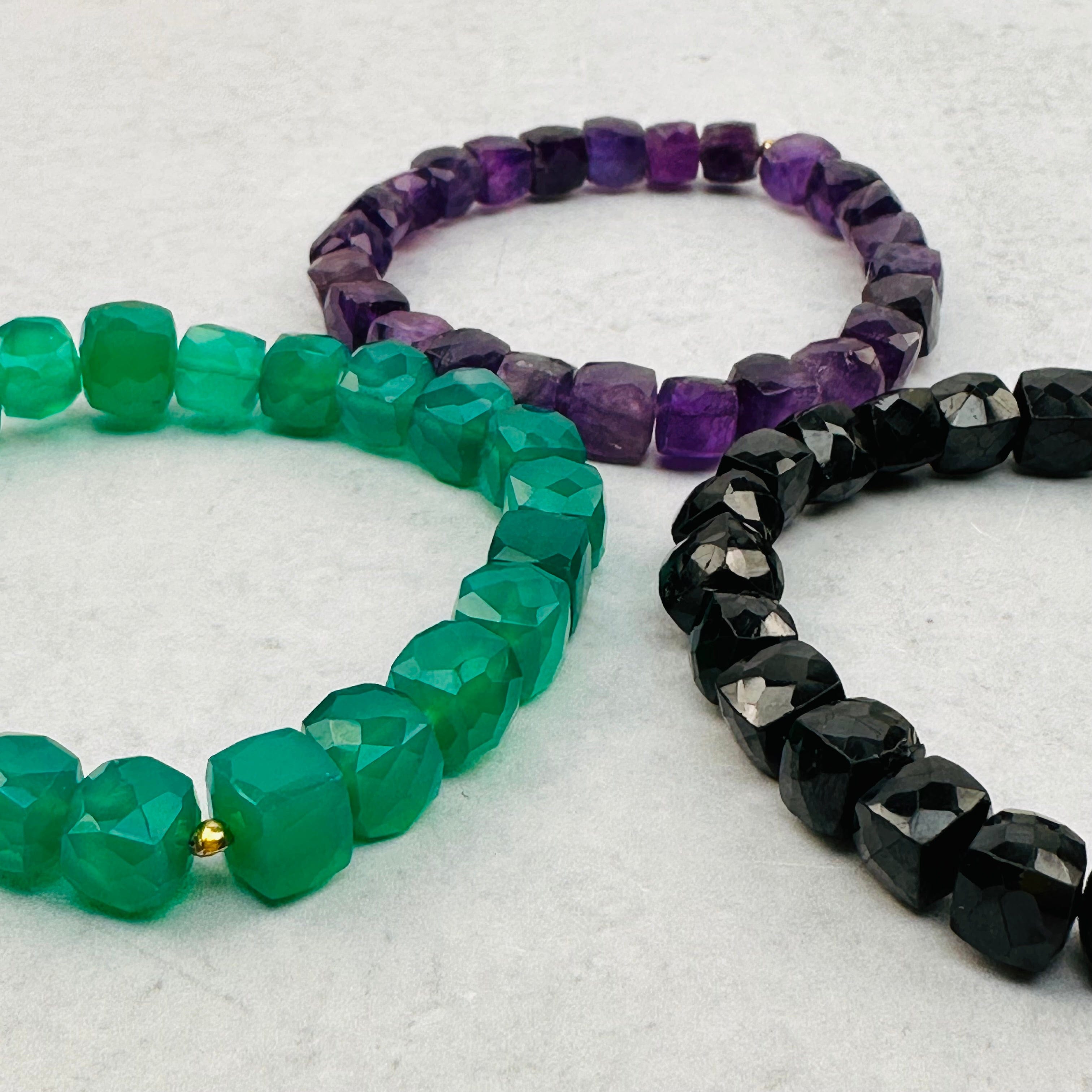 Gemstone Crystal Stretch Bracelets - 6mm-8mm - Faceted Cube High Quality