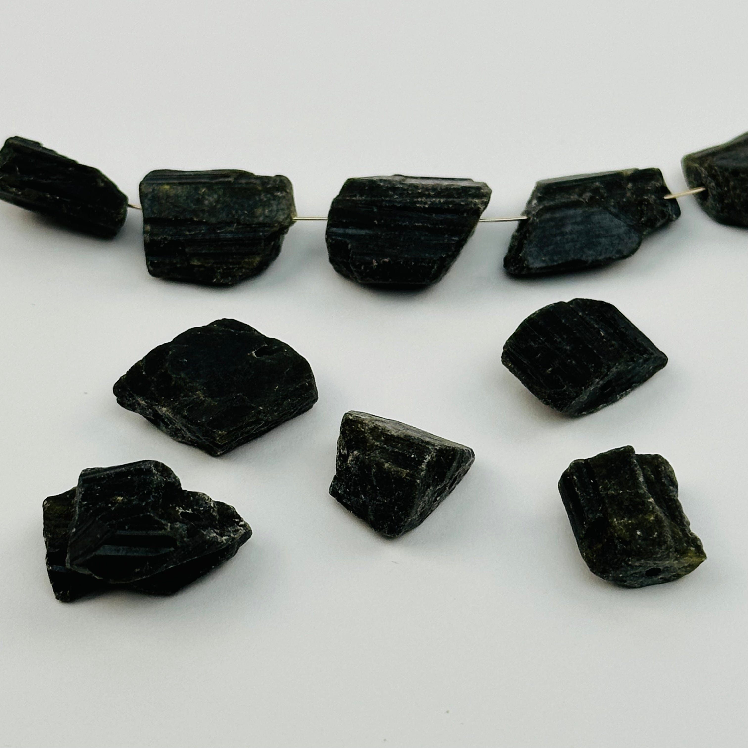 5pc Black Tourmaline Beads Rough Stone Center Drilled -