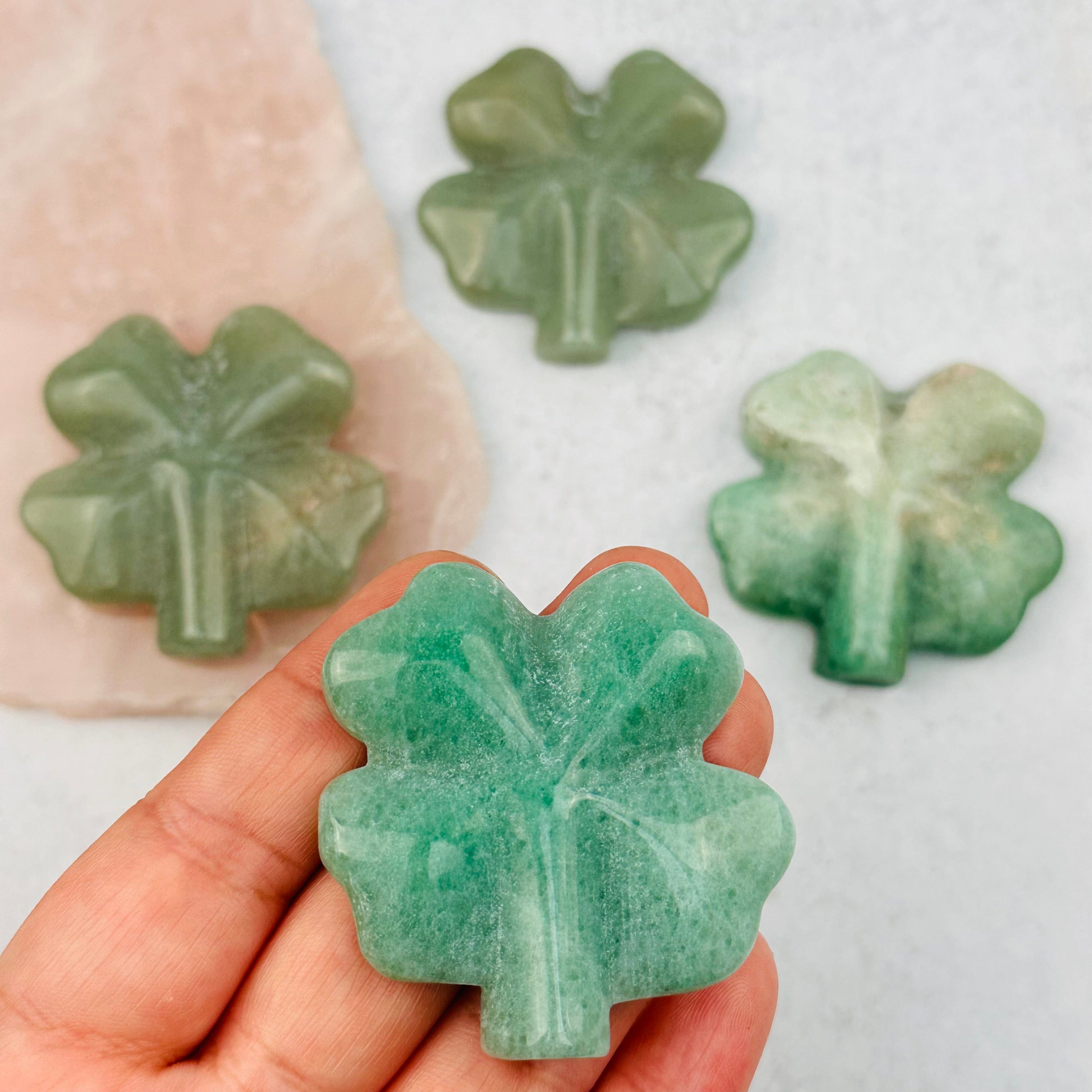 Green Aventurine Carved Gemstone Clovers Lucky