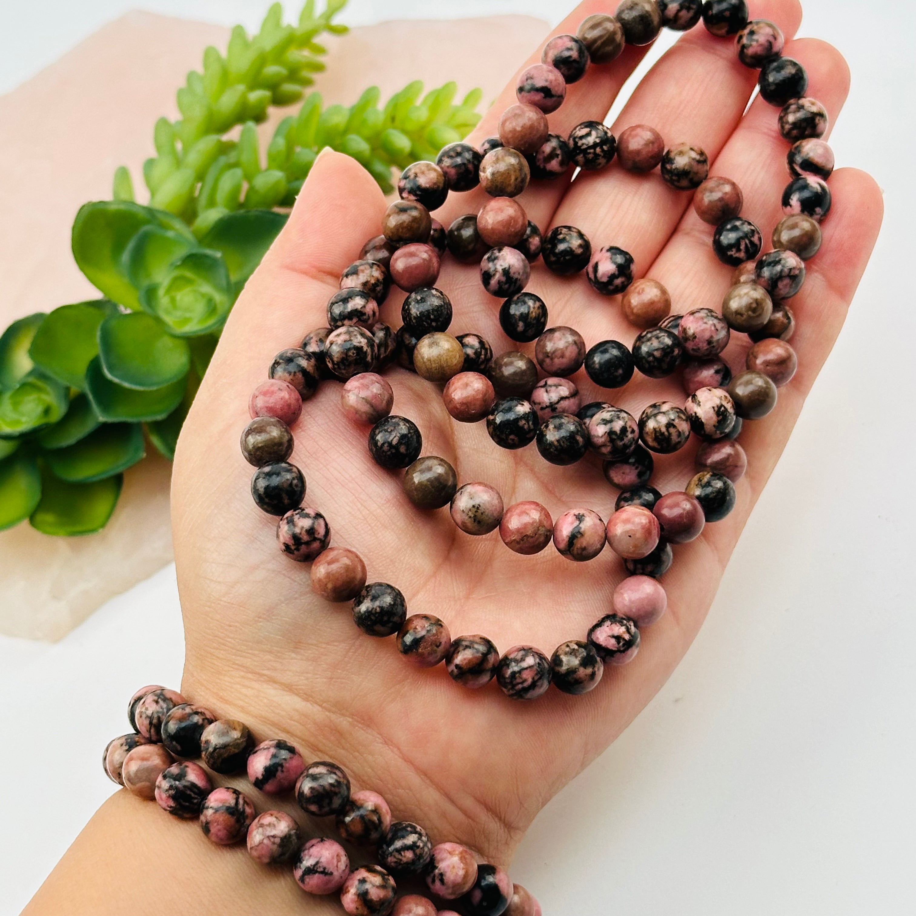 Rhodonite Round Bead Crystal Bracelets Gemstone Mala Bracelet