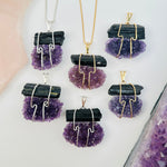 Amethyst and Black Tourmaline Wire Wrapped Crystal Pendant