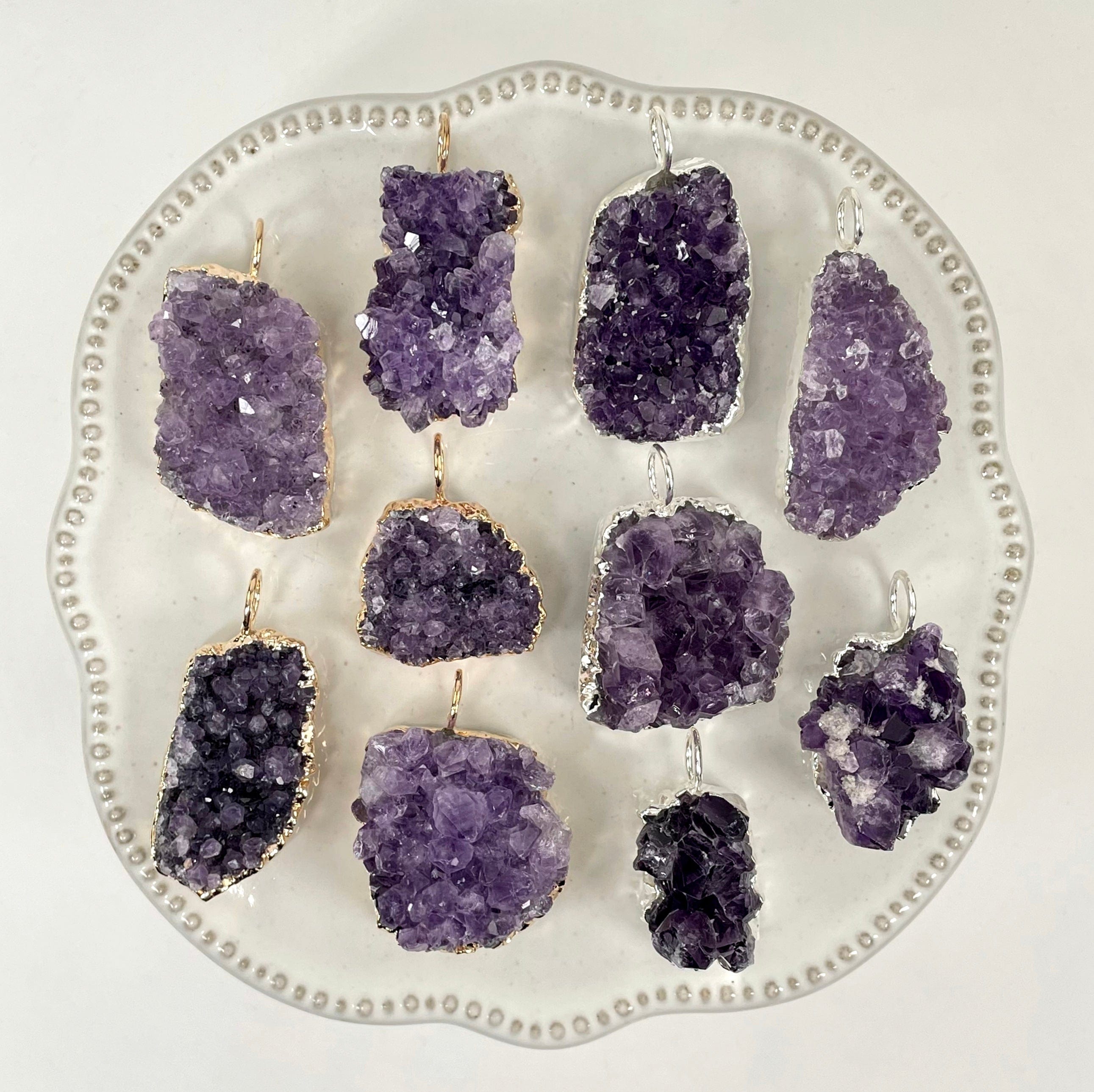 Amethyst Druzy Cluster Pendants with Hoop Bail and Plated Edge