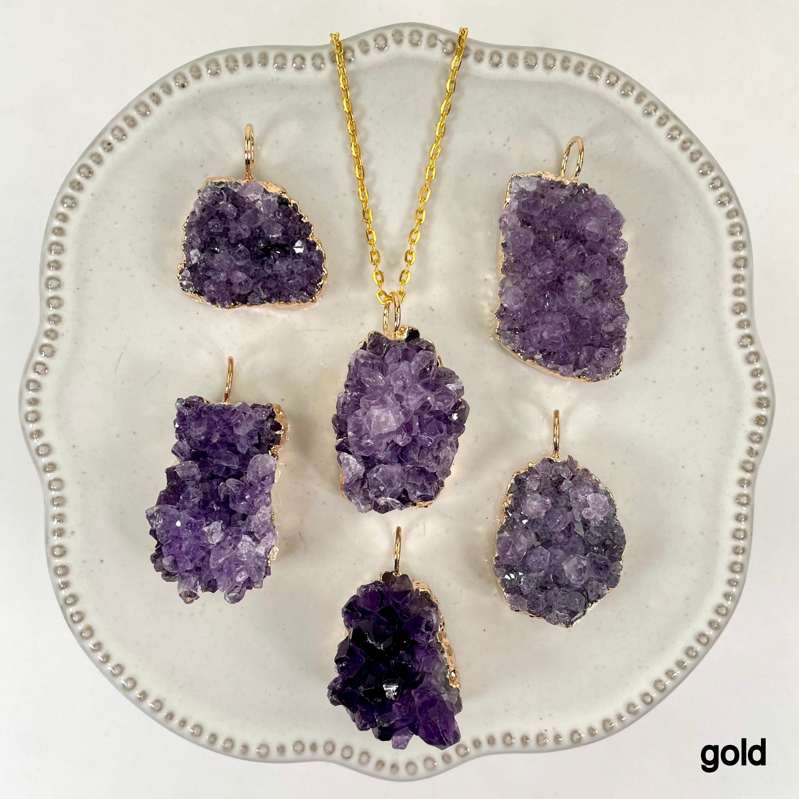 Amethyst Druzy Cluster Pendants with Hoop Bail and Plated Edge