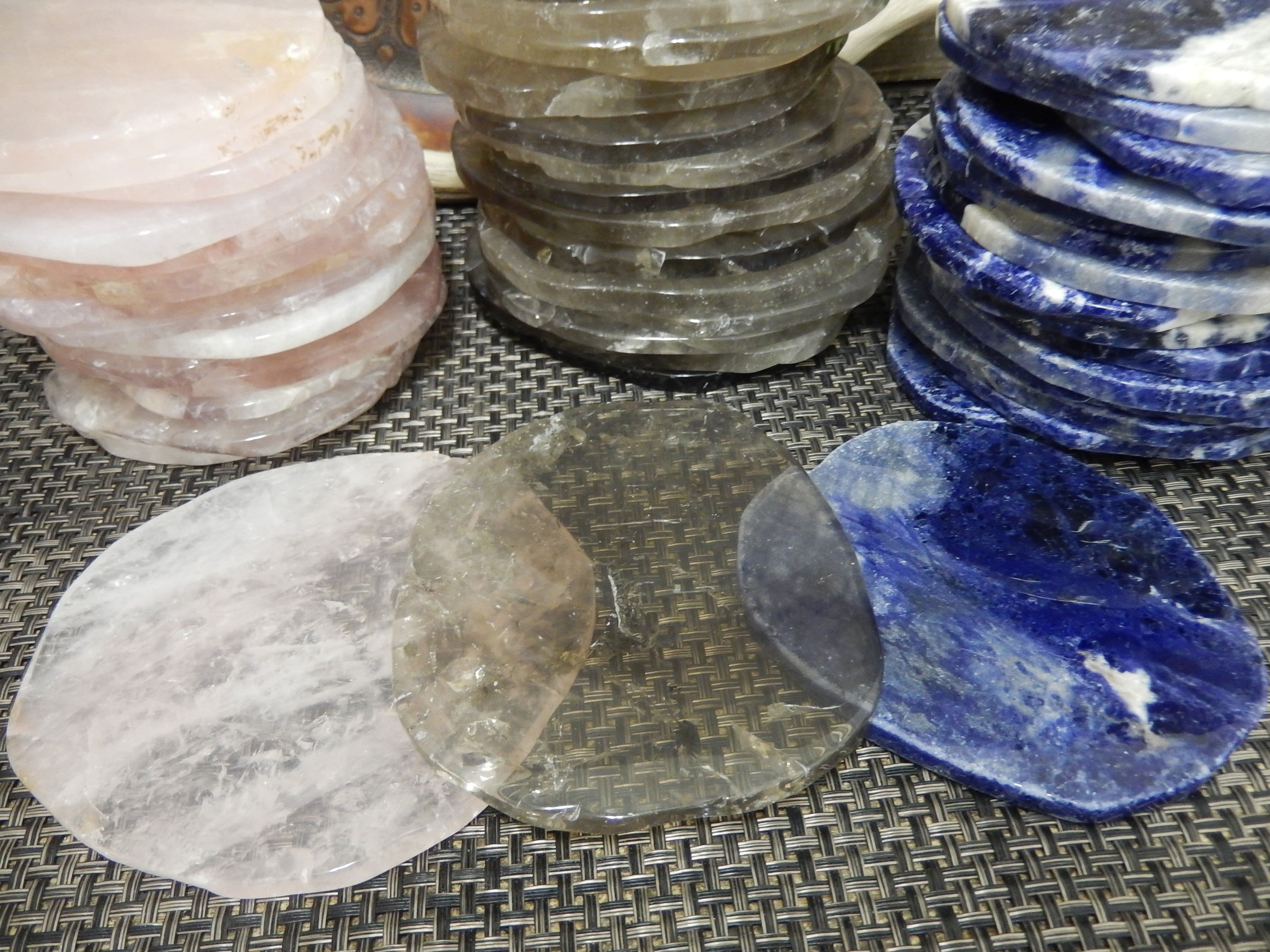 Natural Stone Rose Quartz, Smokey Quartz, Sodalite, Coasters with Polished Edges