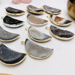 Agate Druzy Moon Pendant with Electroplated 24k Gold/Silver Edge